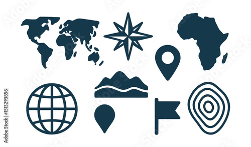 Two-Color vector icons of geography: world map, compass rose, location pin, continent icon. Globe with grid, terrain symbol, flag marker, elevation lines.