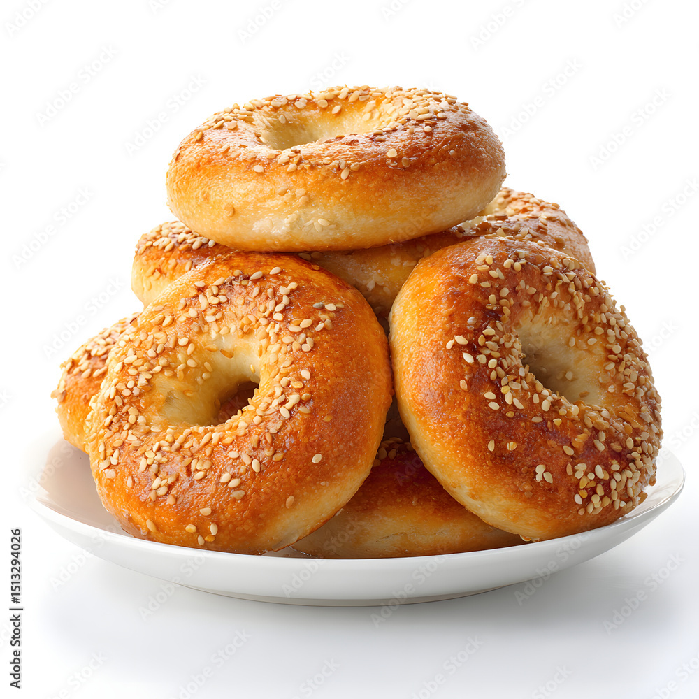 Montreal bagels arranged in a stack on a white ceramic plate over a pure white background Montreal bagels arranged in a stack on a white ceramic plate over a pure white background