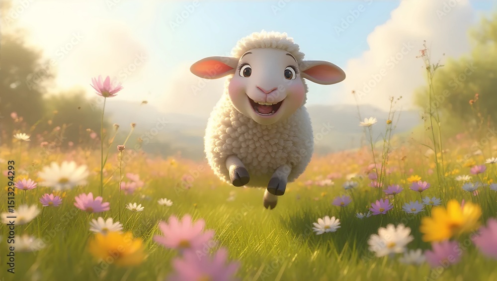 Fototapeta premium A cheerful cartoon sheep jumps joyfully in a field of colorful wildflowers under a bright sky, filled with happiness.