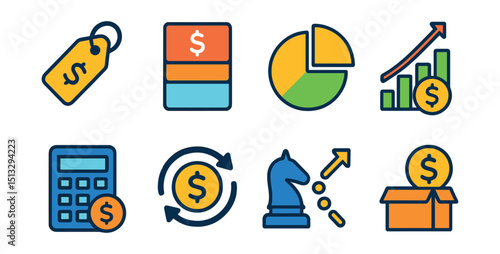 Flat vector icons of pricing and profit: price tag, pricing tier, cost breakdown, margin icon, pricing calculator, price update, pricing strategy, product value.