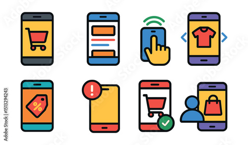 Flat vector icons of mobile shopping: smartphone cart, mobile app interface, tap to pay, product swipe, mobile-only offer, app alert, mobile checkout, purchase on-the-go.