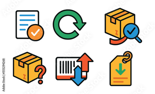 Flat vector icons of product return system: return form, refund arrow, reverse logistics, product condition check, reason for return, return barcode, exchange request, return label.