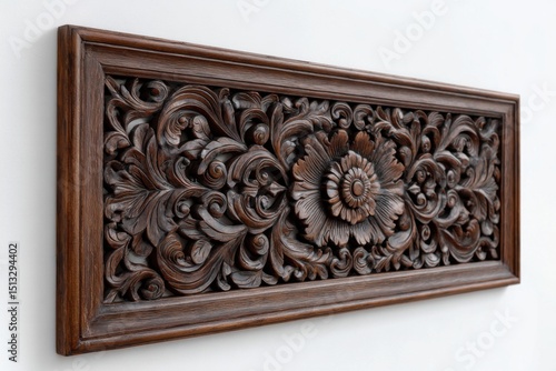 Intricate dark brown wooden wall panel with floral carving