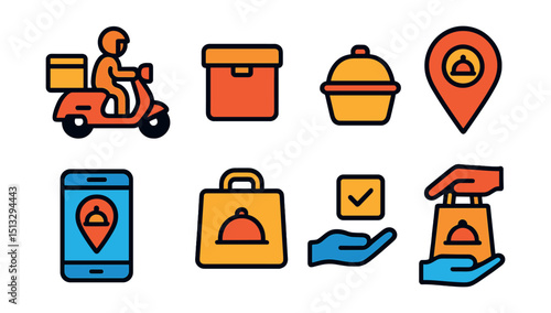 Flat vector icons of food delivery: delivery scooter, rider box, food package, location pin, delivery tracker, delivery bag, contactless delivery, food handoff.