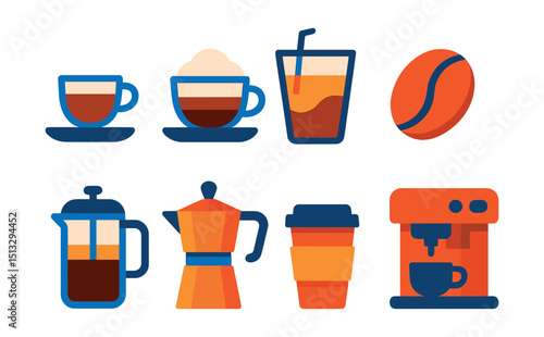 Flat vector icons of coffee drinks: espresso cup, cappuccino, iced latte, coffee bean, French press, moka pot, to-go cup, coffee machine.