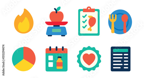 Flat vector icons of nutrition and food tracking: calorie icon, food scale, meal tracker, portion size, macro chart, daily intake icon, healthy choice badge, nutrition facts label.