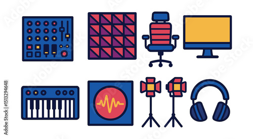 Flat vector icons of music studio setup: mixing desk, soundproof wall, producer chair, computer monitor, MIDI keyboard, DAW icon, studio lights, studio headphones.