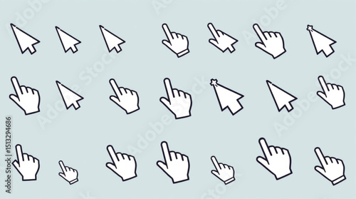 Collection of various cursor and hand pointer icons in black outline on a light blue background created with generated ai