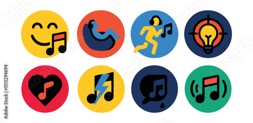 Flat vector icons of music mood categories: happy playlist, chill icon, workout playlist, focus mode, romantic music, energetic beats, sad song, ambient mix.