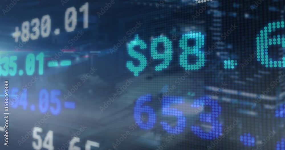 Starting digital green numerals appearing on skyline cycling currency values showing market trends Starting digital green numerals appearing on skyline cycling currency values showing market trends