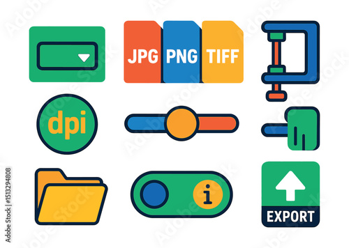 Flat vector icons of image export settings: file type selector, JPG/PNG/TIFF icons, resolution adjust, DPI setting, compression level, export folder, metadata toggle, export button.
