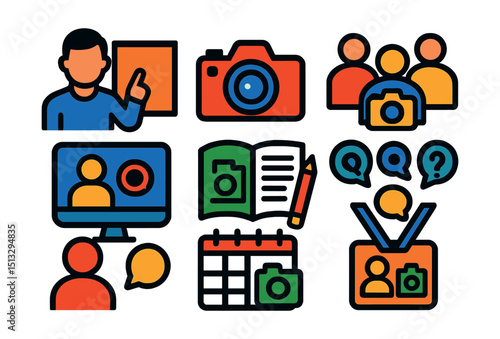 Flat vector icons of photography workshops: instructor icon, learning camera, group shoot, training notes, photo critique, workshop schedule, Q&A icon, workshop badge.