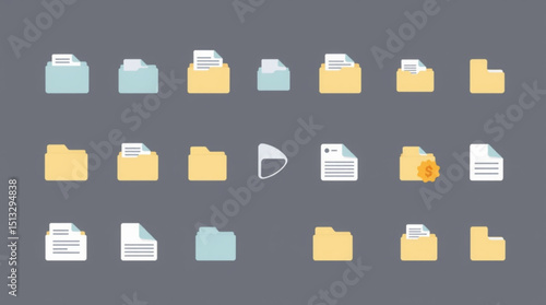 Assortment of file folder and document icons in various styles and arrangements on gray background created with generated ai