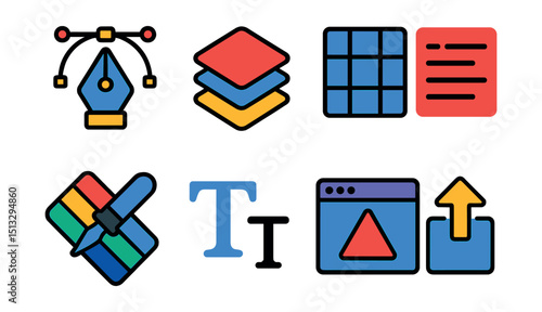 Flat vector icons of graphic design elements: pen tool, layers icon, grid layout, alignment tools, color picker, font size icon, design software window, export icon.