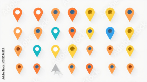 A grid of colorful location pin icons with a gray arrow pointing to the right at the bottom row created with generated ai