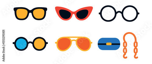 Flat vector icons of sunglasses and eyewear: fashion sunglasses, cat-eye frame, oversized shades, round glasses, colored lenses, aviator style, lens case, glasses chain.