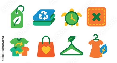 Flat vector icons of sustainable fashion: eco label, recycled fabric, slow fashion icon, repair patch, clothing swap, ethical brand, green hanger, conscious collection.