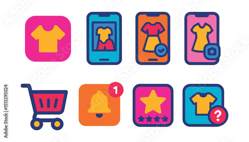 Flat vector icons of fashion mobile apps: style app icon, virtual closet, outfit planner, try-on feature, shopping cart, fashion notification, app rating, fashion quiz.