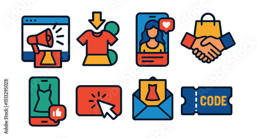 Flat vector icons of fashion marketing: campaign banner, seasonal drop, influencer post, brand partnership, social promo icon, call-to-action button, newsletter icon, promo code.