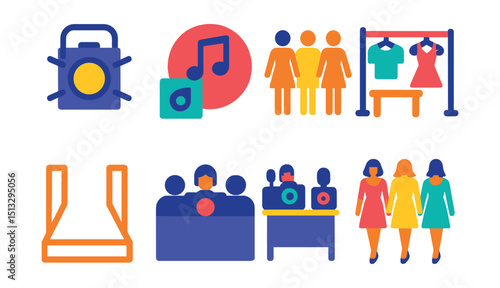 Flat vector icons of fashion runway elements: catwalk light, music cue, lineup board, model queue, style change station, stage outline, camera pit, final walk.