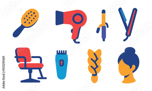 Flat vector icons of hairstyle and hair care: hairbrush, blow dryer, curling iron, hair straightener, salon chair, hair clipper, braid icon, updo style.