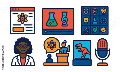 Flat vector icons of science communication: science blog, explainer video, infographic board, science icon set, educator avatar, outreach event, museum display, podcast microphone.