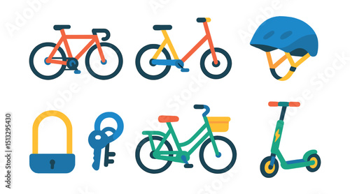Flat vector icons of bikes and scooters: road bike, mountain bike, scooter icon, helmet, bike lock, basket bike, electric scooter, shared scooter.