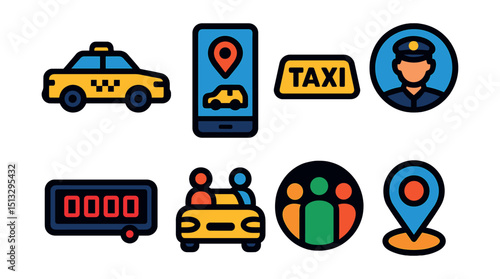Flat vector icons of taxi and ride-sharing: yellow cab, app booking, taxi sign, driver profile, fare meter, shared ride, carpool icon, pickup point.
