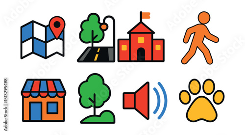 Flat vector icons of neighborhood and local area: neighborhood map, street view, school nearby, walkability icon, local shop icon, green space, noise level, pet friendly.
