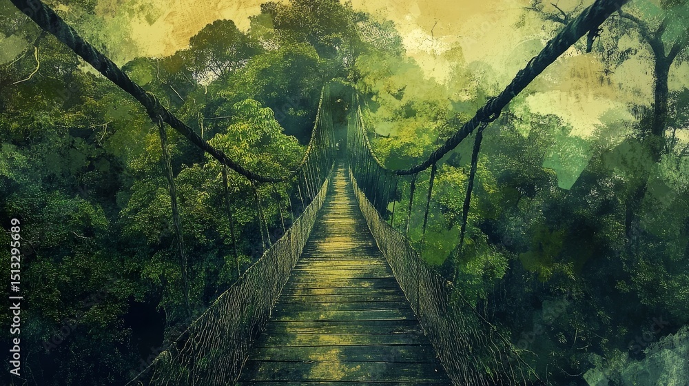 Fototapeta premium Suspension bridge stretches over a river surrounded by lush green forest.