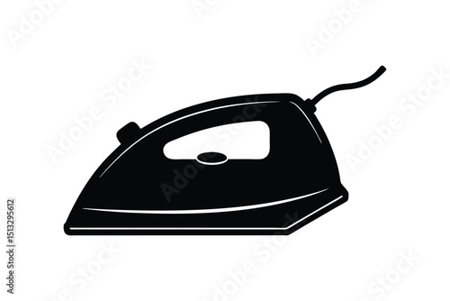 Silhouette art illustration of a classic electric iron with metal plate and fabric cord.eps