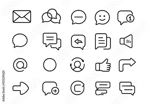 Line style icons of chat and instant messaging: direct message, group chat, unread message, emoji reaction, chat bubble, chat thread, message reply, chat notification, mention icon, status dot, file