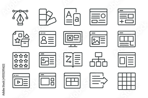 Line style icons of design and visual tools for education: design tool icon, color theme, font palette, style sheet, brand layout, asset kit, learning UI design, visual builder, template editor, icon