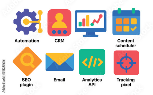 Flat vector icons of marketing tools and software: automation tool, CRM icon, marketing dashboard, content scheduler, SEO plugin, email software, analytics API, tracking pixel.