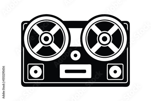 Silhouette art illustration of a classic reel-to-reel tape recorder vintage audio equipment.eps