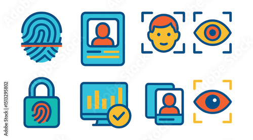 Flat vector icons of biometric security: fingerprint scan, biometric ID, facial recognition, eye scan, secure unlock, biometric data, ID match, retina scan.