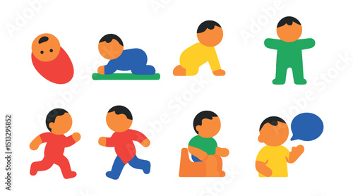 Flat vector icons of developmental stages: newborn icon, tummy time, crawling stage, standing up, first steps, toddler run, potty training, first words.