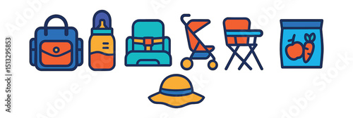 Flat vector icons of baby travel accessories: diaper bag, travel bottle warmer, portable booster, collapsible stroller, travel high chair, on-the-go changing pad, baby sunhat, travel snacks.