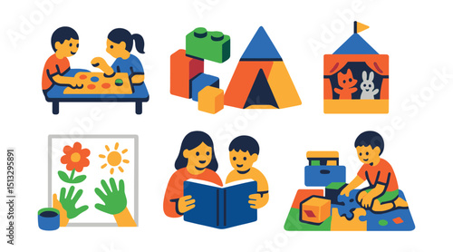 Flat vector icons of rainy day activities for kids: board game, building blocks, play tent, puppet show, finger painting, storytime, DIY craft box, puzzle mat.