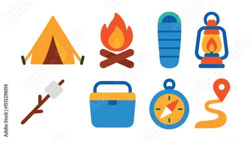 Flat vector icons of camping: tent, campfire, lantern, sleeping bag, marshmallow stick, cooler, compass, hiking trail.