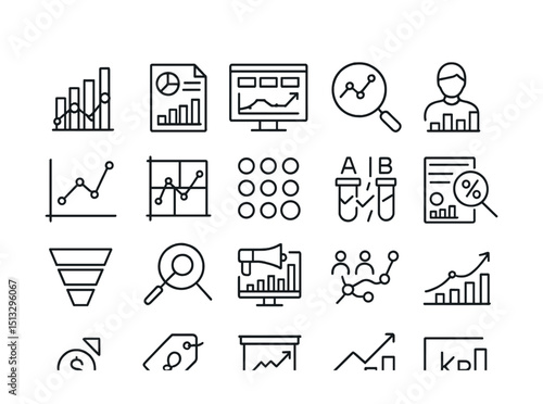 Line style icons of analytics and insight tools: analytics icon, report chart, data dashboard, growth insight, customer analytics, real-time graph, behavior chart, heatmap icon, A/B test result,