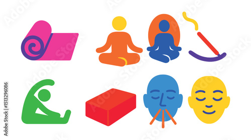 Flat vector icons of yoga: yoga mat, lotus pose, meditation icon, incense stick, flexibility stretch, yoga block, breath icon, calm face.