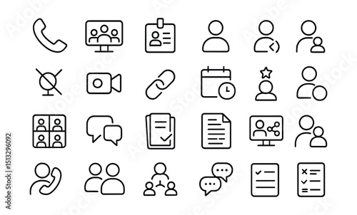 Line style icons of business calls and virtual meetings: call icon, join meeting, speaker badge, video call icon, screen share icon, voice only icon, mute mic, camera icon, invite link, scheduled