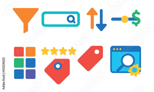 Flat vector icons of filters and search tools: filter icon, search bar, sorting arrow, price slider, color picker, rating filter, keyword tag, advanced search icon.