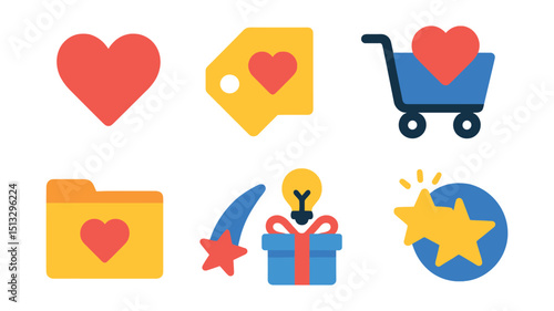 Flat vector icons of wishlists and saved items: heart icon, wishlist tag, save for later, favorite product, wishlist folder, wish icon, gift idea, star item.