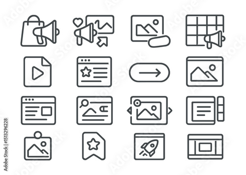 Line style icons of product promotion and content assets: product promo, social campaign, visual asset, promo grid, media file, branded content, CTA button, hero image, content highlight, affiliate