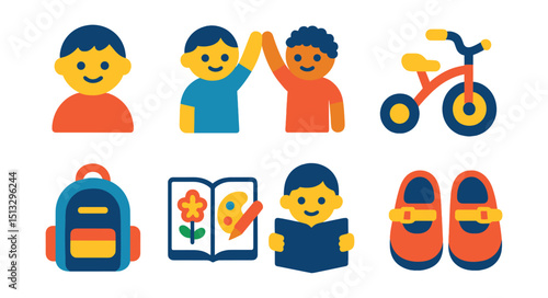 Flat vector icons of child development: child icon, playdate, growth chart, tricycle, backpack, coloring book, reading time, school shoes.