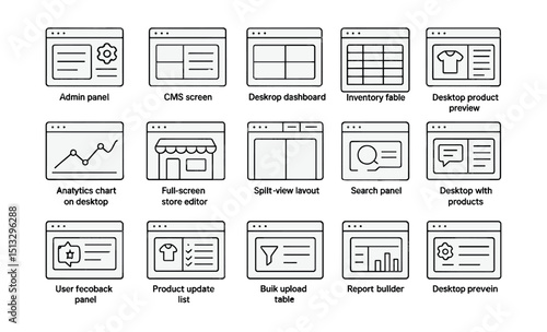 Line style icons of desktop environments for e-commerce platforms: admin panel, CMS screen, desktop dashboard, inventory table, desktop product preview, analytics chart on desktop, full-screen store