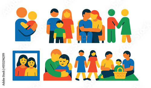 Flat vector icons of family and bonding time: parent holding child, family group, cuddling on couch, holding hands, family photo, bedtime hug, family walk, picnic moment.