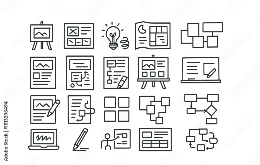 Line style icons of sketches and concept design: lesson sketch, course wireframe, idea scribble, module structure, learning layout, concept board, visual lesson plan, whiteboard sketch, quick draft, Line style icons of sketches and concept design: lesson sketch, course wireframe, idea scribble, module structure, learning layout, concept board, visual lesson plan, whiteboard sketch, quick draft,